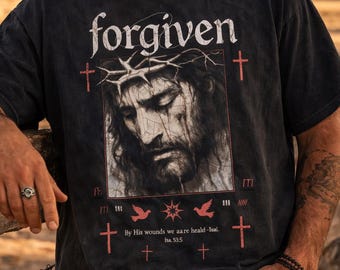 Chemise pardonnée : t-shirt unisexe couleurs confortables, chemise streetwear chrétienne, t-shirt graphique Jésus vintage, chemise confessionnelle, cadeau religieux