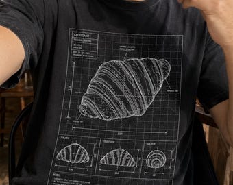 クロワッサン設計図Tシャツ、面白いフランス菓子Tシャツ、テクニカルドローイング食品ギフト、ヴィンテージベーカリーグラフィックTシャツ、フーディーベイカートップ