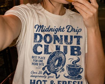 Comfort Colors® Midnight Drip Donut Club Unisex Shirt, Vintage Coffee Tee for Late Night Snack Lovers Retro Diner Graphic T Shirt