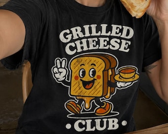 Clubshirt gegrilde kaas: retro mascottesandwich met T-shirt tomatensoep, vintage dinercore comfortfood, esthetiek, uniseks grappig cadeau
