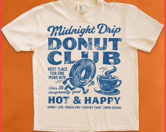 Chemise club Donut goutte à goutte de minuit, t-shirt café vintage pour les amateurs de collations nocturnes, t-shirt graphique rétro