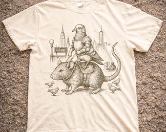 Komfort Farben Taube Ritter Reitratte, Komfort Farben Unisex T-Shirt, Vintage Tinten Illustration, NYC U-Bahn Grafik T-Shirt