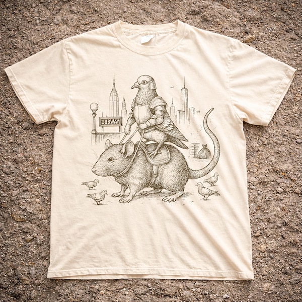Camiseta unisex "Caballero Paloma Montando Rata", colores cómodos, ilustración de tinta vintage, camiseta gráfica del metro de Nueva York