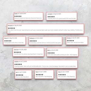 May include: A collection of twelve customer reviews displayed in rectangular boxes, each featuring a five-star rating, the reviewer's name, a date, and written feedback regarding the quality, fit, and service of a t-shirt purchase.