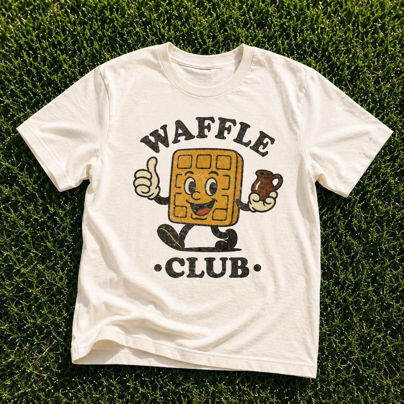 Puede incluir: Camiseta color crema con un personaje de gofre de dibujos animados haciendo un gesto de pulgar hacia arriba y sosteniendo una jarra peque&ntilde;a. El texto "WAFFLE CLUB" est&aacute; impreso arriba y abajo del personaje.