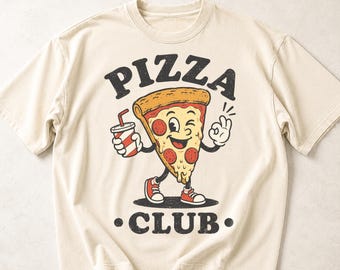 ヴィンテージピザクラブコンフォートカラーズ®Tシャツ、レトロで面白いピザシャツ、ペパロニ好きのためのTシャツ、イタリア料理好きへのギフト、ピザパーティーシャツ