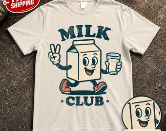 Comfort Colors® ミルククラブシャツ、レトロミルクTシャツ、おもしろい食べ物グラフィックシャツ、ヴィンテージ乳製品好きTシャツ、漫画ミルクカートンシャツ