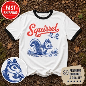 Squirrel Ringer Tee, Retro Americana Wildlife Shirt, Two Tone Vintage Graphic Tee, Unisex Contrast Collar Tee, Red Blue Squirrel Shirt