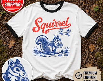 Squirrel Ringer Tee, Retro Americana Wildlife Shirt, Two Tone Vintage Graphic Tee, Unisex Contrast Collar Tee, Red Blue Squirrel Shirt