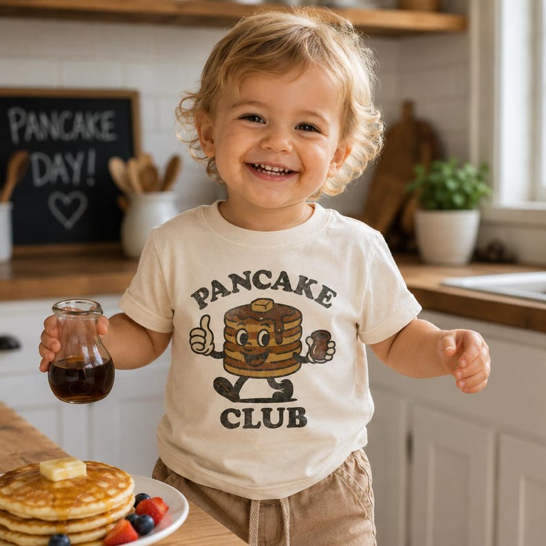 May include: A cream-colored short-sleeve t-shirt featuring a graphic of a cartoon pancake stack with arms and legs, a pat of butter on top, and the text "PANCAKE CLUB" in dark brown lettering. The design includes a thumbs-up gesture.