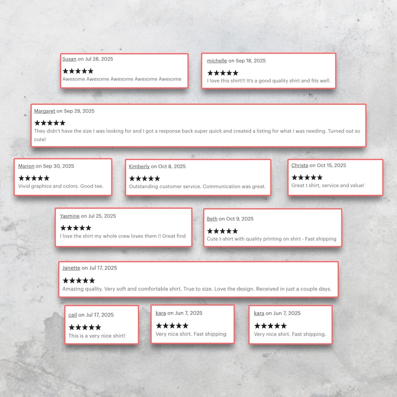 K&ouml;nnte beinhalten: Eine Sammlung von zw&ouml;lf Kundenbewertungen in rechteckigen K&auml;sten, jeweils mit einer F&uuml;nf-Sterne-Bewertung, dem Namen des Rezensenten, einem Datum und schriftlichem Feedback zur Qualit&auml;t, Passform und zum Service eines T-Shirt-Kaufs.