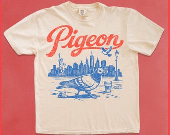 Pigeon Shirt: Comfort Colors Vintage NYC Skyline Graphic Tee, Weirdcore Animalcore Streetwear, Bird Lover Gift, Patina Blue Ink, Unisex