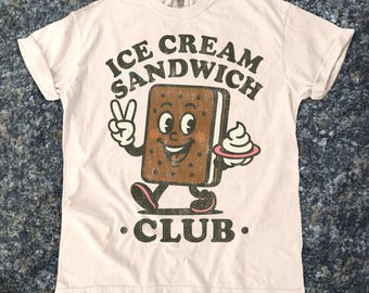 Komfortfarben Eiscreme-Sandwich-Shirt, Eis-Sandwich-Club-Shirt, lustiges Dessert-Shirt, Retro Essen-Maskottchen-T-Shirt, süßes Zahn-Geschenk-Shirt