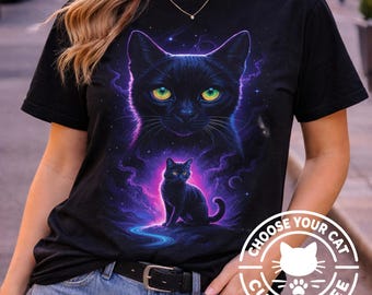 Chemise galaxie personnalisée chat : t-shirt chat cosmique, chemise graphique chat fluo, t-shirt pour amoureux des chats couleurs confort, t-shirt mystique pour animal de compagnie, t-shirt chat spatial