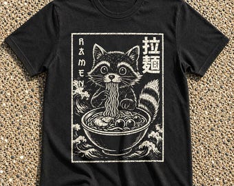 アライグマラーメンキッズシャツ、日本の木版画ユースTシャツ、かわいいアライグマの子供向けギフト、アニメアライグマ子供用Tシャツ、ラーメンキッズトップス