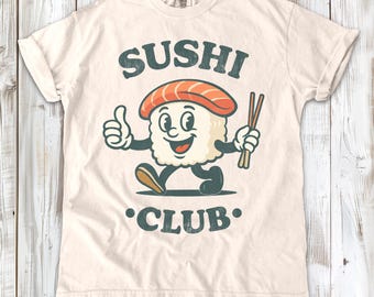 寿司クラブTシャツ：寿司好きのためのレトロなグルメマスコットTシャツ、かわいいヴィンテージグラフィック、面白い日本食シャツ、ダイナーコア美学