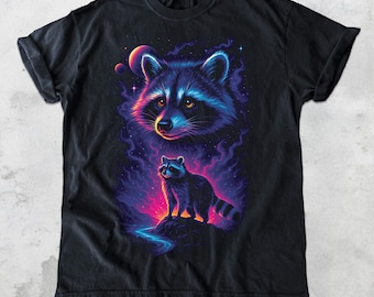 Camiseta Comfort Colors Cosmic Raccoon, regalo para amantes de los animales de la galaxia, camiseta gráfica de vida salvaje espacial neón, regalo para amantes de los mapaches