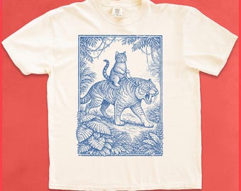 Cat Riding Tiger Shirt, Vintage Comfort Colors® Tee, Retro Jungle Cat Graphic T-Shirt, Funny Animal Lover Gift, 90s Wildlife Nature Tee
