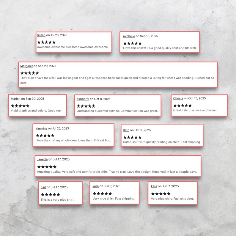 May include: Customer reviews presented in white rectangular boxes with red borders on a light grey background. Each review includes a five-star rating and comments on product quality, service, and design. The reviews are dated.