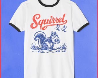 T-shirt écureuil, chemise animalière rétro Americana, t-shirt graphique vintage bicolore, t-shirt unisexe col contrasté, chemise écureuil bleu rouge