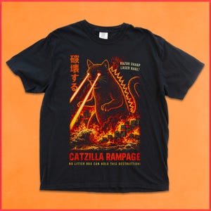 黒猫キャットジラTシャツ、モンスターキャットグラフィックTシャツ