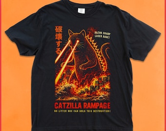 Comfort Colors Catzilla Rampage Shirt Laser Eyes Cat Godzilla Parodie-T-Shirt Vintage Japanisches Kaiju-Filmplakat Grafik Unisex Streetwear Top