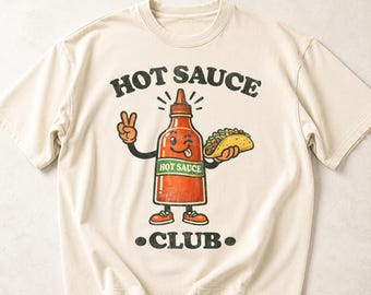 ホットソースクラブ ヴィンテージTシャツ、レトロコンフォートカラーズ® ホットソースシャツ、スパイシーフード好きTシャツ、タコス好きへのギフト、90年代フーディーシャツ