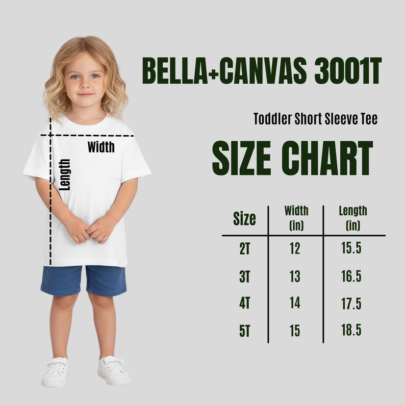 Puede incluir: Un ni&ntilde;o lleva una camiseta blanca de manga corta para ni&ntilde;os peque&ntilde;os y pantalones cortos azules. La imagen incluye una tabla de tallas con medidas en pulgadas para las tallas 2T a 5T. Tambi&eacute;n se ve el texto "BELLA+CANVAS 3001T" y "SIZE CHART".