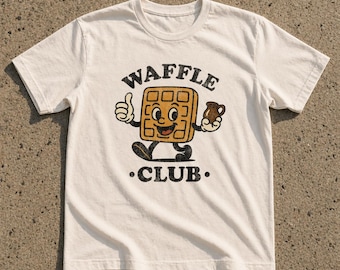 Camiseta juvenil del Club del Waffle, divertida camiseta de desayuno, regalo para amantes de los waffles, colores cómodos con mascota retro, camiseta gráfica vintage para brunch, prenda para amantes de la comida.
