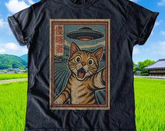 Vintage japanisches Katzen-Selfie-T-Shirt: Lustiges UFO-Grafik-T-Shirt