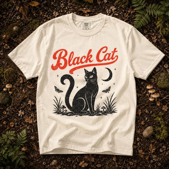 Black Cat Shirt Comfort Colors® Vintage Cat Tee, Witchy Moon Cat Gift for Women Men Cat Lovers Halloween Outfit