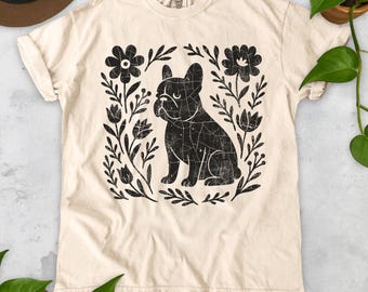 T-shirt Frenchie d'art folklorique, t-shirt pour chien cottagecore grincheux, graphique de chiot imprimé floral rustique