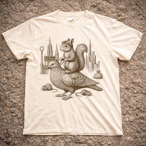 Puede incluir: Camiseta color crema con una ilustración caprichosa. Una ardilla con gafas monta una paloma, con un telón de fondo de la ciudad y la palabra "SUBWAY" en un letrero. Dos ratones están en la parte inferior de la imagen.