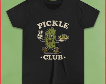 Chemise enfant Pickle Club : t-shirt graphique rétro rigolote avec cornichons, mascotte de nourriture kawaii mignonne, t-shirt pour tout-petits, cadeau garçons filles