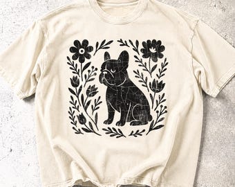 Vintage French Bulldog Shirt, Comfort Colors® Floral Dog Tee, Retro Linocut Frenchie T-Shirt, Cottagecore Pet Lover Gift, Unisex Top