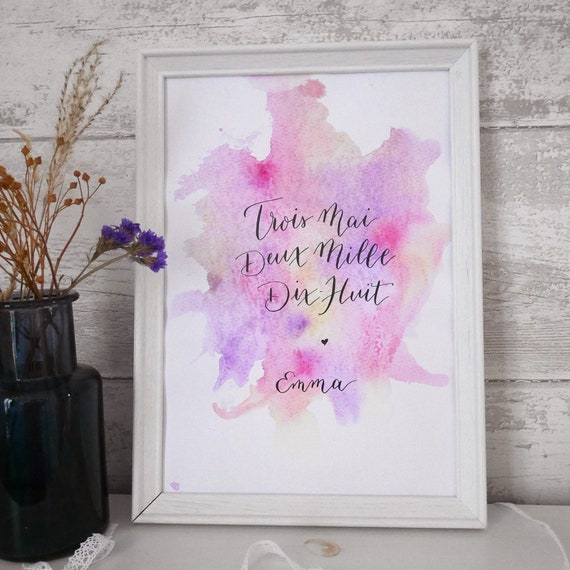 Poster Birth Customized Calligraphy Watercolor Background Etsy