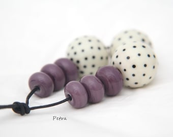 Handmade Lampwork Glass Beads: Purple Rondelles and Polka Dot Beads