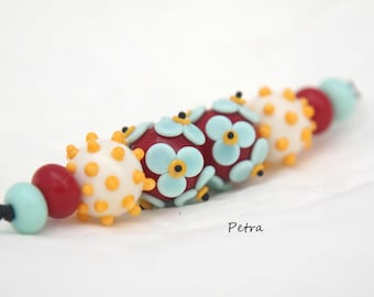 PetraBeads -  Handmade Lampwork Glass Beads - Polka Dots Beads -  Rondells - Earrings set flowers