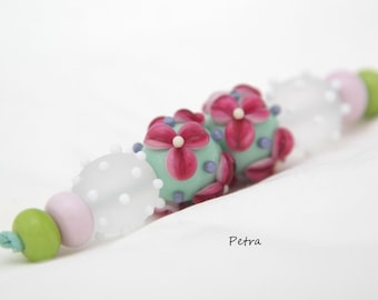 PetraBeads -  Handmade Lampwork Glass Beads - Polka Dots Beads -  Rondells - Earrings set flowers