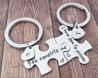 Jigsaw Puzzle Piece Keychain Set Love - Couple Matching Set Keyring You Complete Me - Personalised Valentines Day Anniversary Gifts For Him