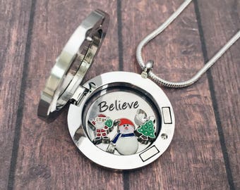 Christmas Necklace / Christmas Floating Locket Jewelry / Believe Jewellery / Santa Claus Father Christmas Snow Memory Locket / Gift for her