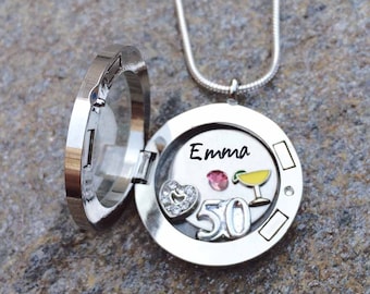 Personalised 50th birthday memory locket necklace - 50th Birthday Gift For Her - Happy birthday custom necklace - Happy 50th floating locket