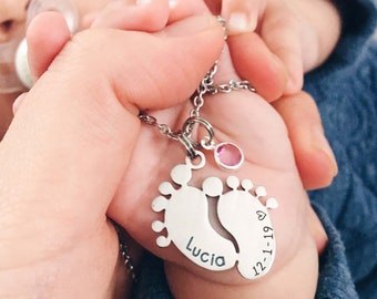 Newborn Gifts For Mum Personalised Necklace - Baby foot keepsake pendant mothers day - Presents for her Mummy - Custom necklace for mom gift