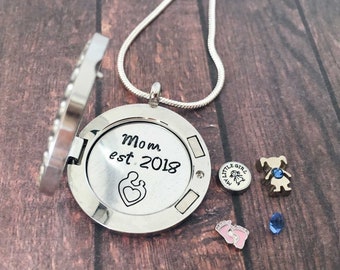 Mom Necklace Memory Locket Girl/Boy Gift - New Mum Personalised Daughter / Son Floating Locket Pendant Gift - Baby Shower Mum Est. Jewelry