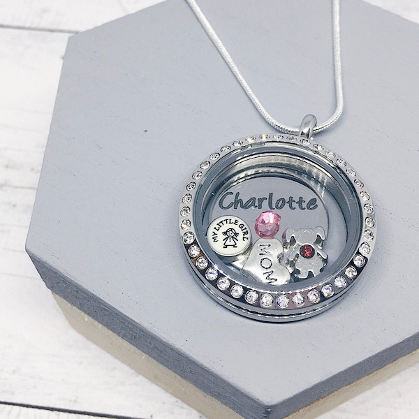 Floating Locket Personalised Mom and Daughter/Son Necklace Jewellery - Mummy Memory Locket Round Pendant - Mothers Day Gift Mommmy Jewelry