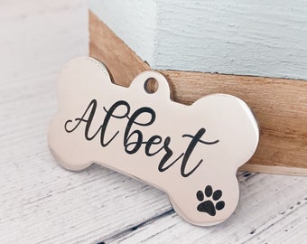 Custom ID Tag Bone For Dogs - Personalised Dog Name Number Tag - Stainless Steel Engraved Pet ID Tag - Identification Tag Microchipped Dogs