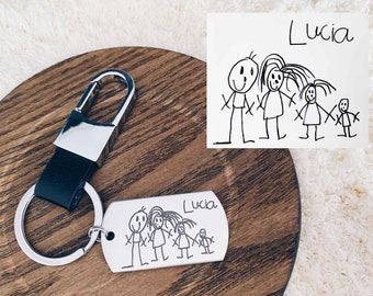 Kids Art Drawing Keyring - Stainless Faux Leather Engraved Child Artwork Handwriting Personalised Keychain - Custom Father Dad Grandpa gift