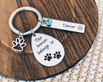 Dog or Cat Owner Gift This Human Belongs To - Personalised Dog Lover Keyring Gift - Pet Owner Cat Tag Dog Mum Keyring Custom Dog Keychain