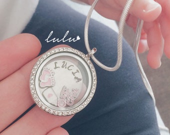 New Mum Locket Necklace Personalised Newborn boy or girl - Engraved Jewelry for her - Round Memory Floating Locket Pendant - Christmas gifts