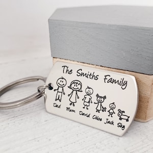 May include: Silver keyring with a personalised engraving of a family with a dog. The engraving includes the text "The Smiths Family" and the names "Dad, Mum, David, Chloe, Jack, Sky".